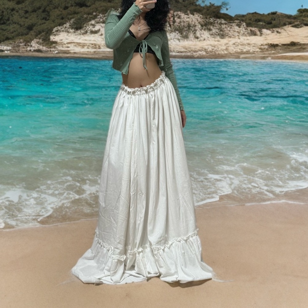 Cotton White Maxi Midi Ruffles Flowy Skirt